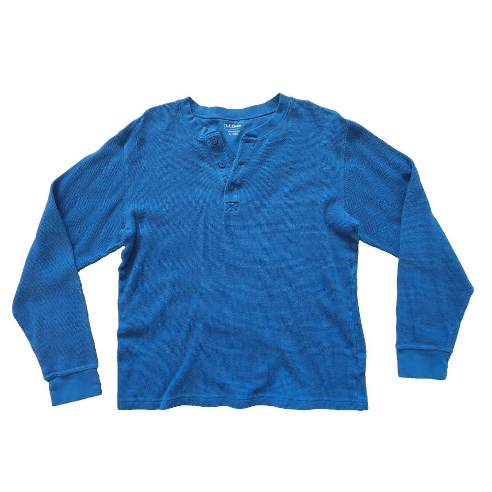 LL Bean Henley Shirt Mens Large Blue Solid Regular Fit Pullover Long Sleeve